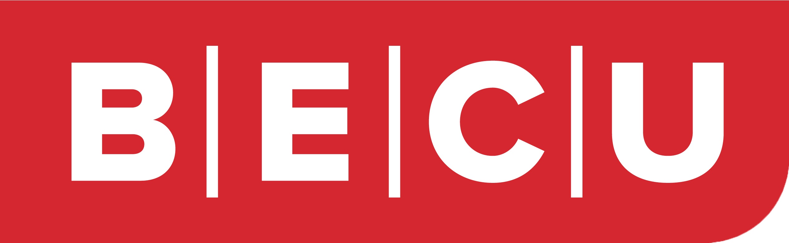 BECU logo. Rectangular logotype with red background and white text, B|E|C|U