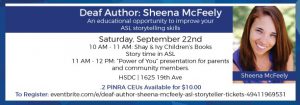 Sheena McFeely will show her creative ASL stories at HSDC on September 22, 10am-noon.