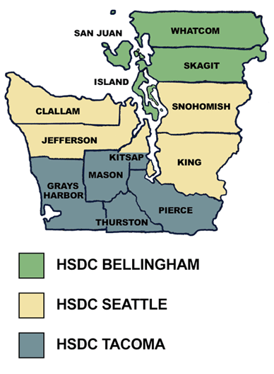 A map of Washington State counties around the Puget Sound. It is color-coded to show which counties are served by each of three HSDC offices.