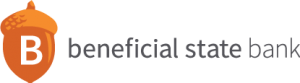 Beneficial State Bank logo. An acorn with a "B" inside, followed by the bank's name.
