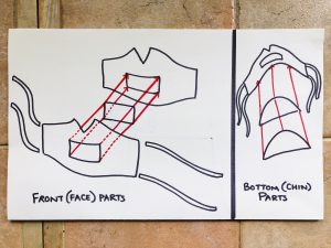 A photo of a hand-drawn diagram showing how to assemble a face mask with a clear plastic screen over the mouth. The drawing on the left shows how to combine the main components. The drawing on the right shows how to add the chin part.