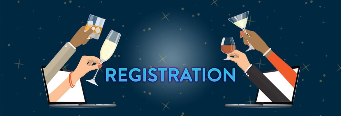 A banner with a dark blue background. In the bottom center it says Registration in light blue text. On the left and right are images of laptops, each with two hands protuding from the screen holding cocktail glasses.