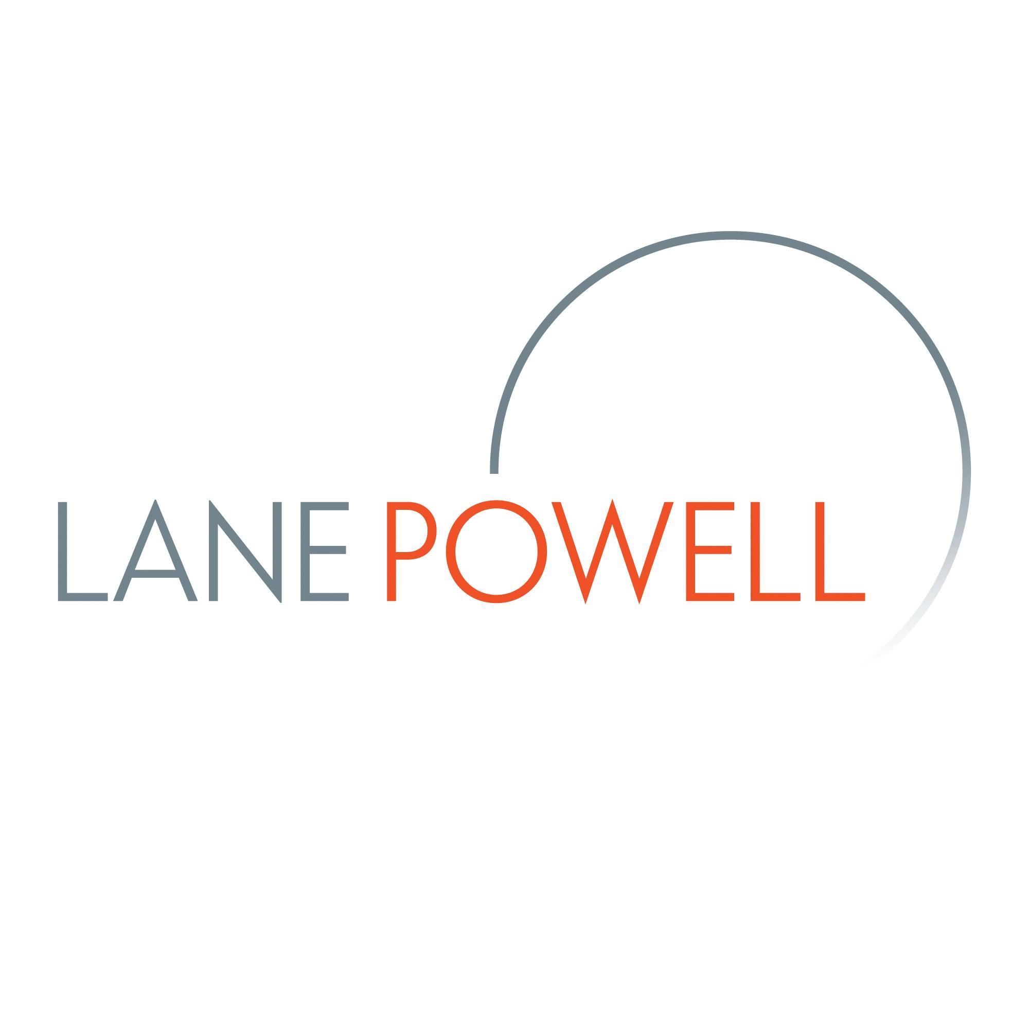 Lane Powell logo. The name Lane is gray and the name Powell is orange. There is a gray circle around Powell, with the line originating from the letter O.