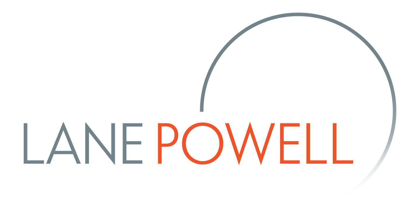 Lane Powell logo. A logotype of Lane Powell. Lane is grey and Powell is orange. A grey arch over Powell