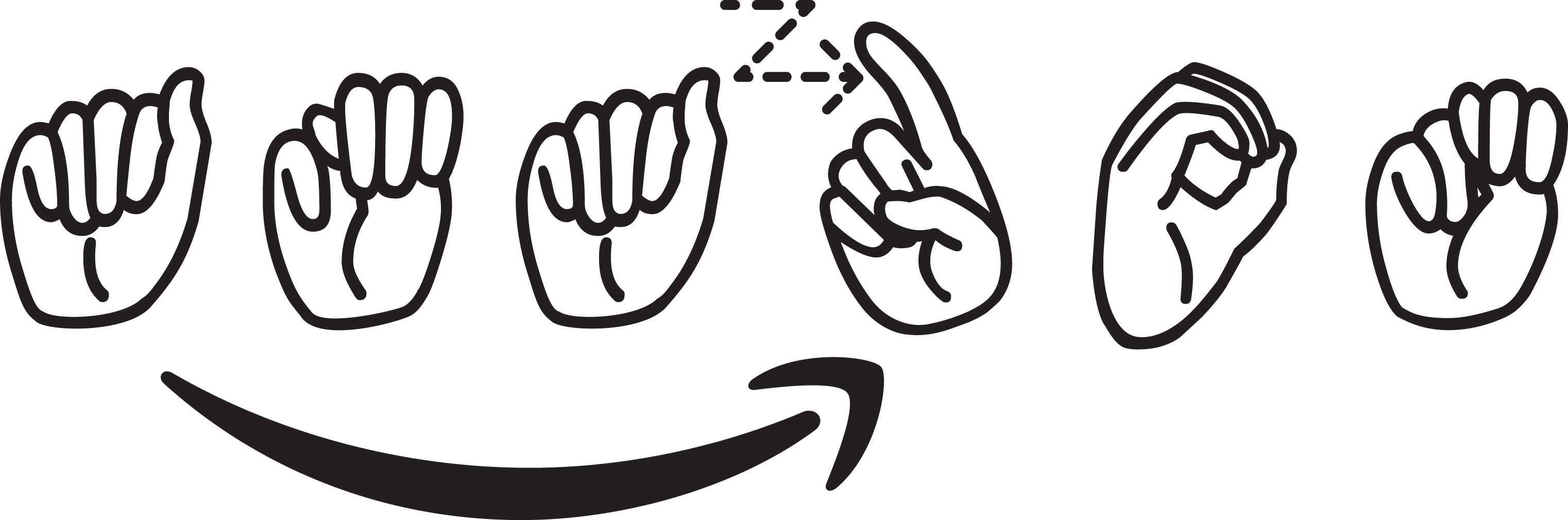 Amazon logo in ASL. Finger spelling in white with black outline for: 
