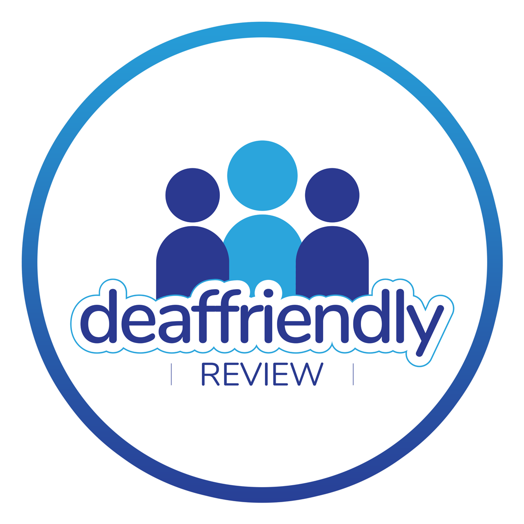 deaffriendly logo. A white circular logo with blue border and 3 persons inside the circle. The name deaffriendly review is inside white circle.