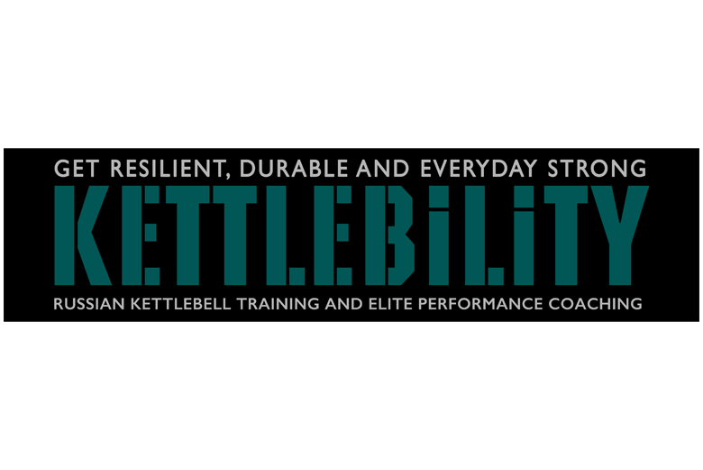 Kettlebility logo. The name Kettlebility is dark teal and the text Get resilent, durable and everyday strong, Russian Kettlebell training and elite performance coaching is white on black rectangle box.