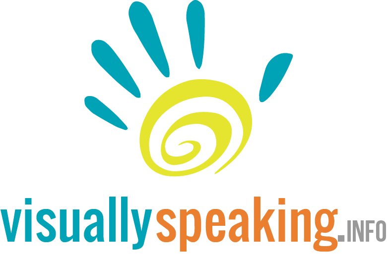 Visually Speaking logo. Blue and yellow hand print with orange and blue texts of visually speaking