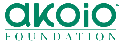 Akoio Foundation logo. Rectangular green logotype on white background: 